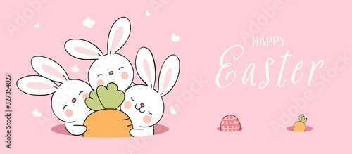 Draw banner cute rabbit in hole on pink For Easter.