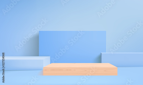 3D render vector of blue abstract geometric background or texture. Bright pastel podium or pedestal backdrop. Blank minimal design concept. Stage for awards ceremony on website in modern blue shape