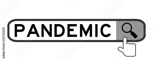 Search box with word pandemic and hand icon over magnifier on white background