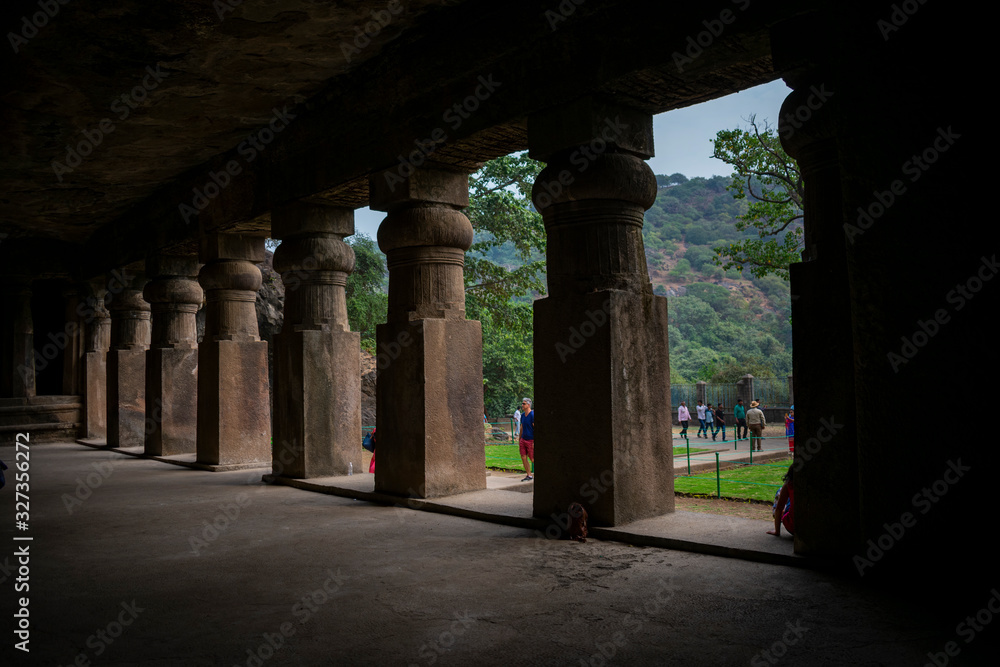 India, Mumbai - December 22 2019 - The mighty columns at the Elephanta caves