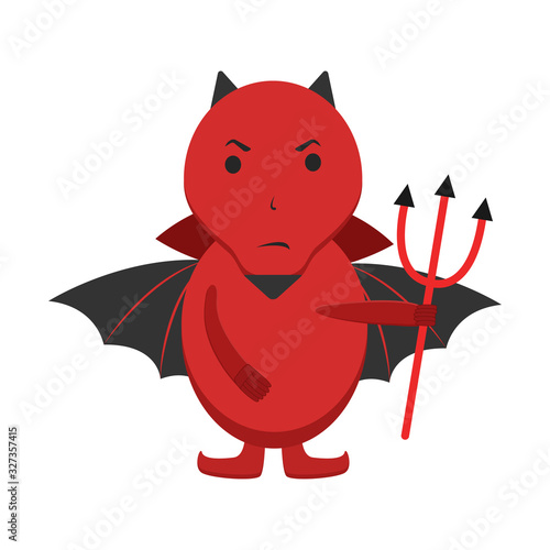 Red devil with black wings and pitchfork