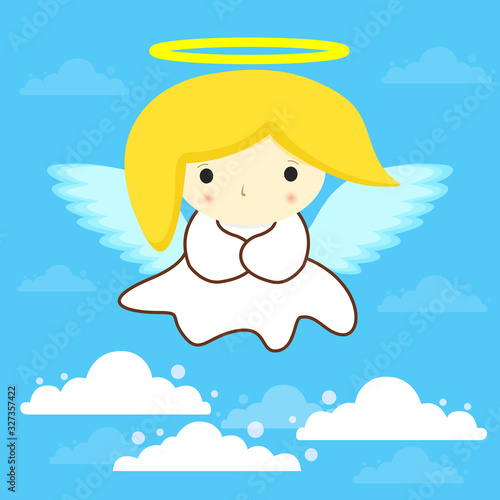 Saint Holy Angel in white dress with halo and yellow hair in clouds on blue sky background stock vector illustration