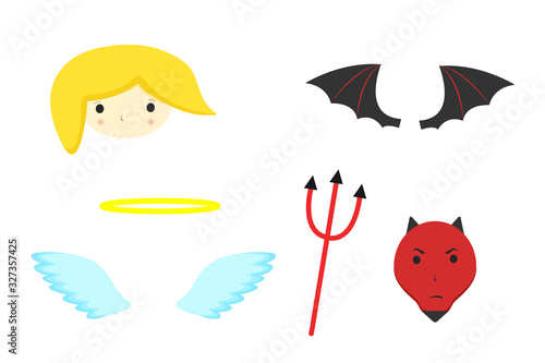 Angel's face, blue wings and halo for Angels pack and pitchfork black wings and evil devils face