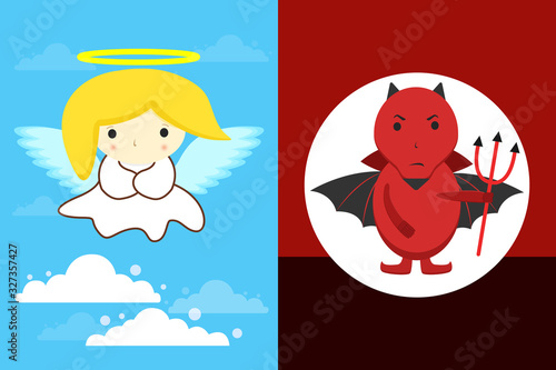 Angel in Clouds with yellow hair and white dress and halo and Red devil with black wings and pitchfork