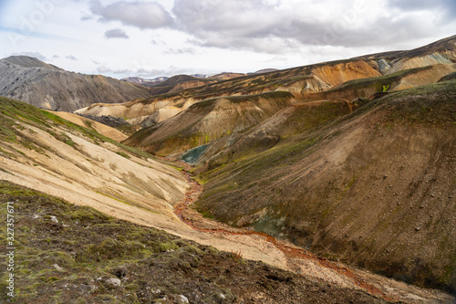 Landmannalaugar Valley. Iceland. Colorful mountains on the Laugavegur hiking trail. The combination of layers of multi-colored rocks, minerals, grass and moss