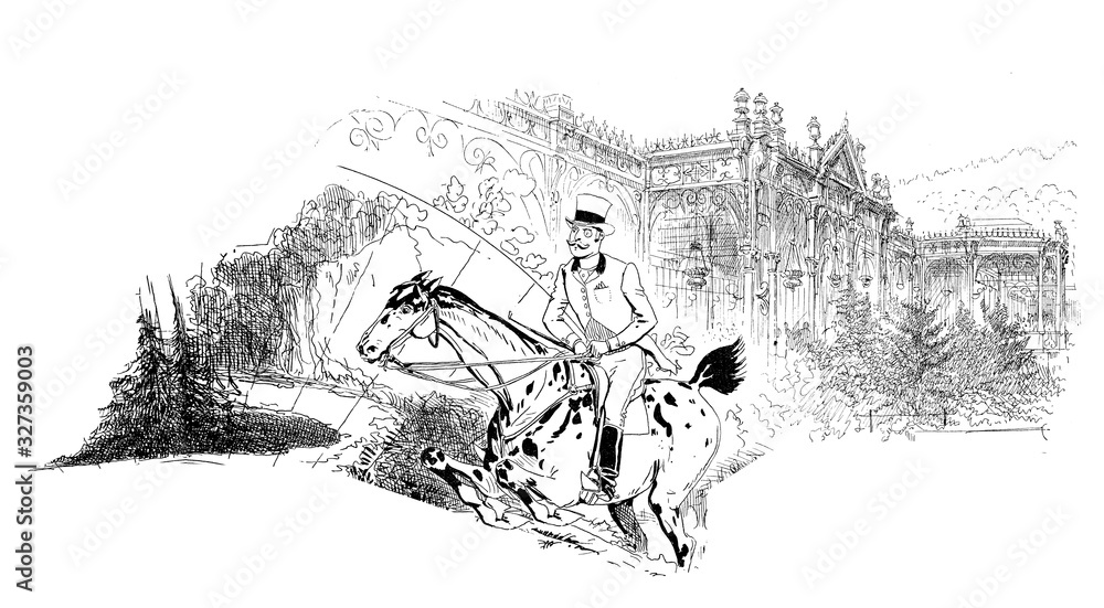 Obraz premium French humor and caricature: gentleman with monocle in perfect jodhpurs, hat, coat and riding crop drive his horse at full gallop