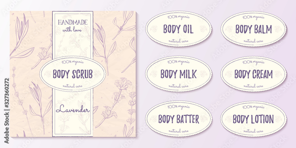 Natural cosmetics design kit with seamless pattern and logo templates.