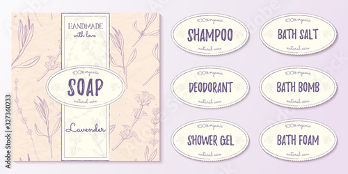 Natural cosmetics design kit with seamless pattern and logo templates.