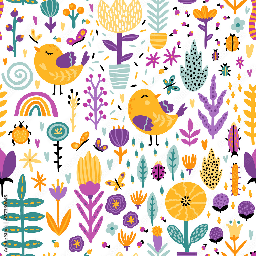 Obraz premium Spring seamless pattern with cute cartoon birds with chickens, flowers, rainbow, insects in a colorful palette. Vector childish illustration in hand-drawn Scandinavian style