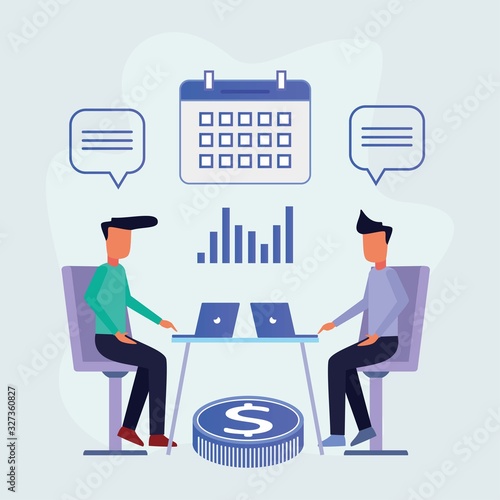 2 business men sitting at a desk with a computer, making plans with the specified schedule. Office business concept. Modern vector illustration.