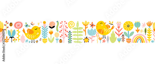 Spring seamless border patern with cute cartoon birds with chickens, flowers, rainbow, insects in a colorful palette. Vector childish illustration in hand-drawn Scandinavian style