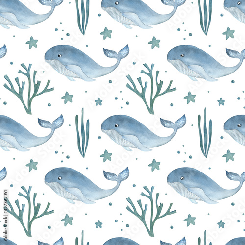Watercolor seamless pattern with Arctic whales and decorative plants elements on the white background. Funny kids illustration. Ideal for children's textile, wrapping, and other designs.