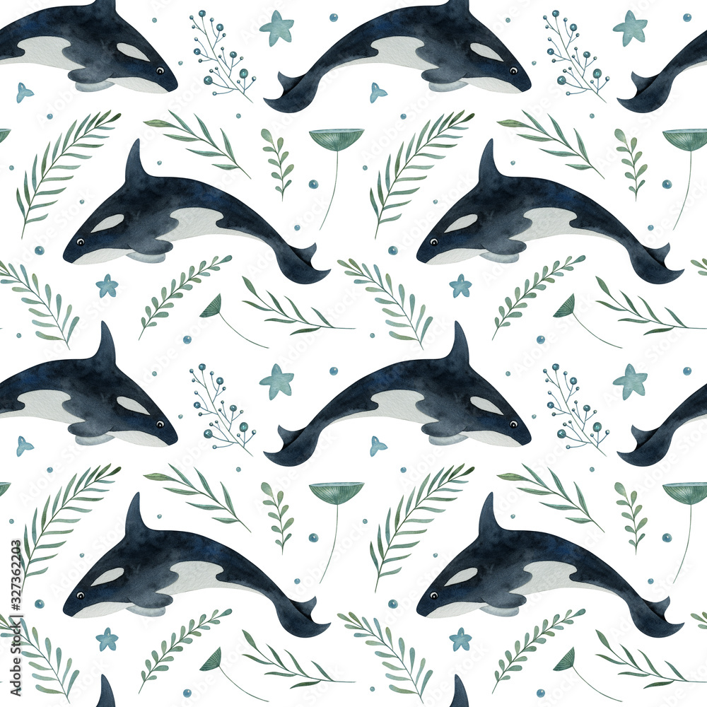 Watercolor seamless pattern with Arctic killer whale and decorative plants elements on the white background. Funny kids illustration. Ideal for children's textile, wrapping, and other designs. Watercolor seamless pattern with Arctic killer whale and decorative plants elements on the white background. Funny kids illustration. Ideal for children's textile, wrapping, and other designs.