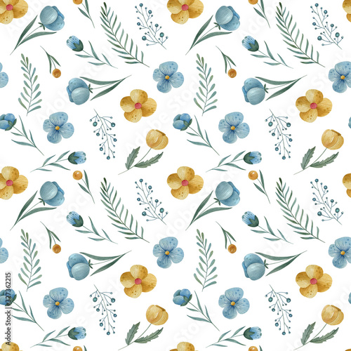 Watercolor floral seamless pattern on the light background. Hand-drawn illustration with flowers, leaves and berries. Background for wallpaper, textile, greeting cards, invitations, prints.