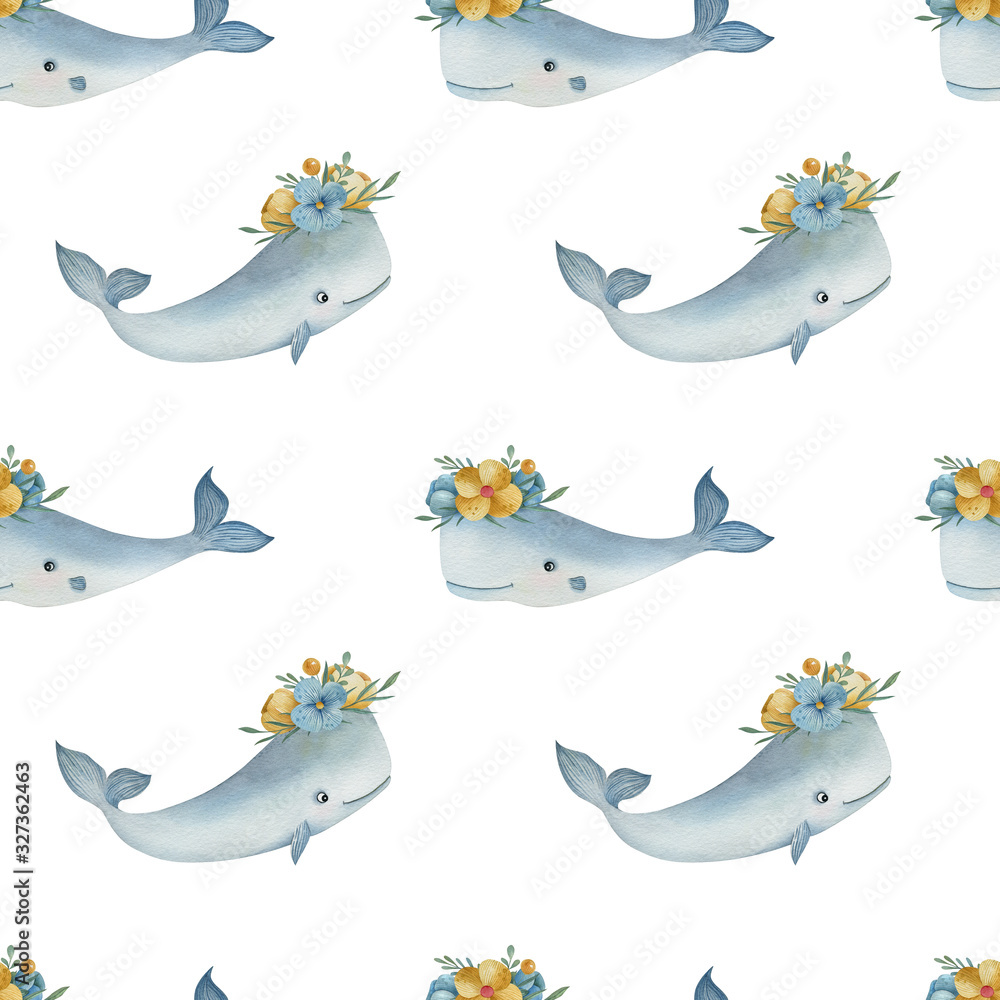 Watercolor seamless pattern with Arctic cachalot with wreaths on the white background. Funny kids illustration. Ideal for children's textile, wrapping, and other designs. Watercolor seamless pattern with Arctic cachalot with wreaths on the white background. Funny kids illustration. Ideal for children's textile, wrapping, and other designs.