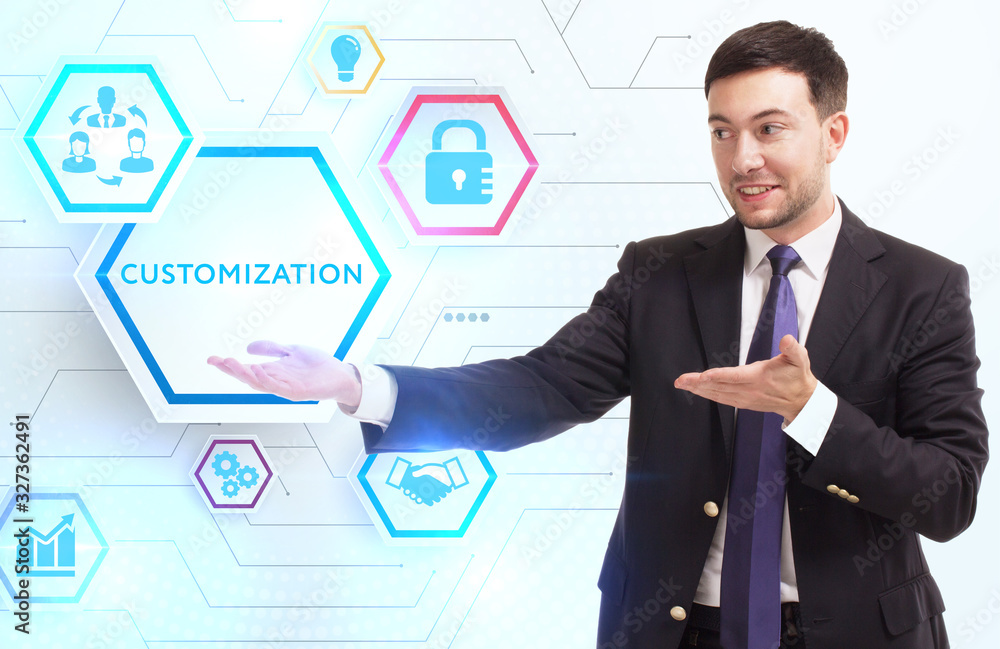 Business, Technology, Internet and network concept. Young businessman working on a virtual screen of the future and sees the inscription: Customization Business, Technology, Internet and network concept. Young businessman working on a virtual screen of the future and sees the inscription: Customization
