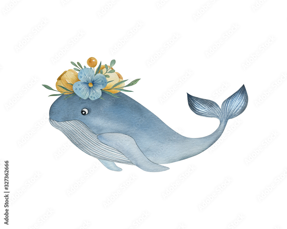 Fototapeta premium Watercolor hand drawn illustration on the white background. Cartoon whale with decorative wreath. Ideal for postcards, posters and kids decor.