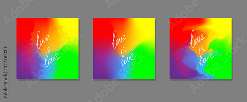 Three rainbow colored square abstract backgrounds with text love is love as a concept of lgbtq rights