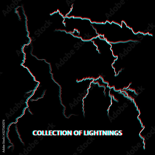 Collection of vector lightnings on black background photo