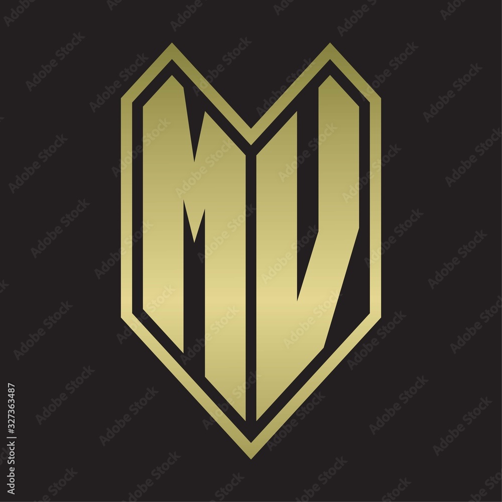 MV Logo monogram with emblem line style isolated on gold colors MV Logo monogram with emblem line style isolated on gold colors