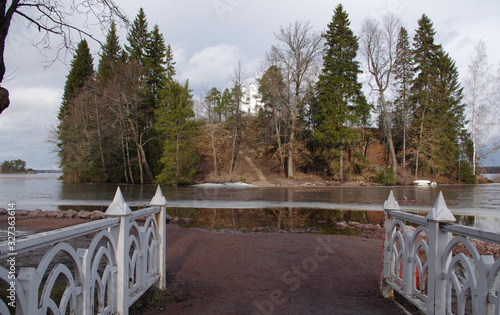 Winter view of the Monrepos Park, Vyborg, Leningrad Region, Russia. An island with a castle.