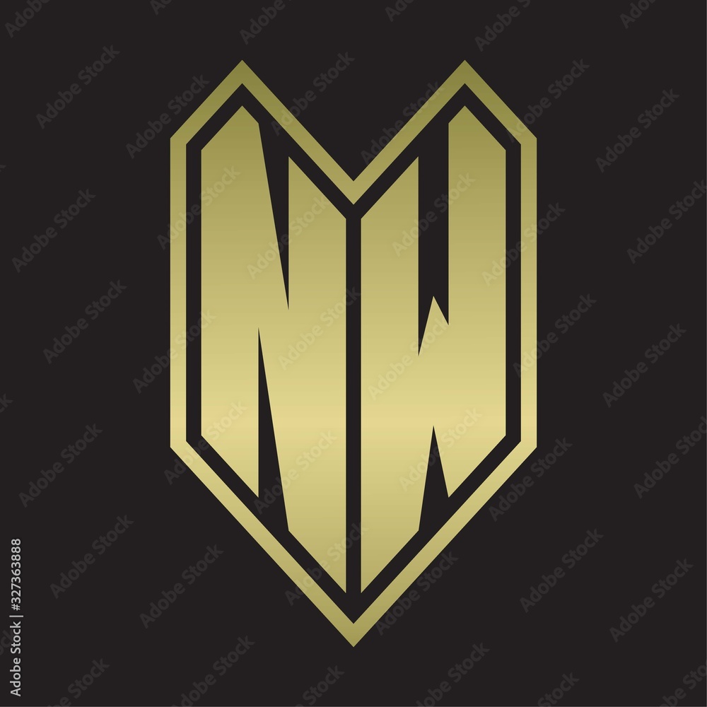 NW Logo monogram with emblem line style isolated on gold colors NW Logo monogram with emblem line style isolated on gold colors