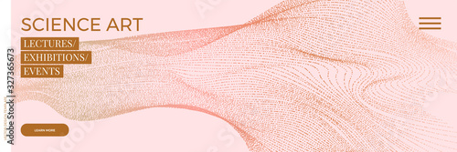 Panoramic science or technology background with dynamic particles. Trendy pink and golden design template. Applicable for banners, flyers, covers, presentations, identity, landing pages, websites.