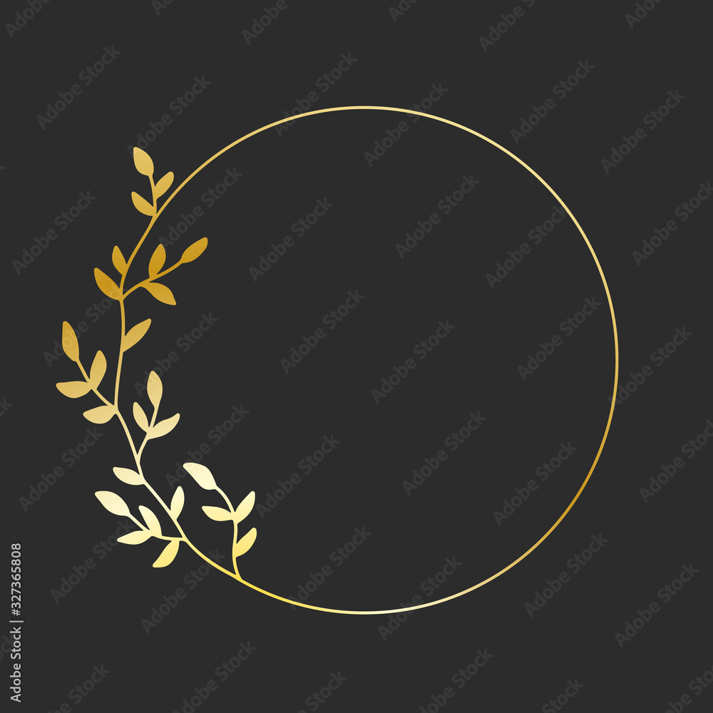 Hand drawn golden wreath, laurel, design element. Round logo template with one branch and leaves on it Hand drawn golden wreath, laurel, design element. Round logo template with one branch and leaves on it
