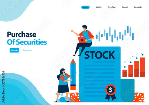 landing page template of purchase of securities and bonds. investment in securities. proof of documents of debt securities and shares. illustration for ui ux, website, web, mobile apps, flyer