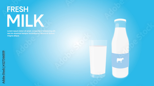 Vector Illustratiion. Fresh Milk Poster with a Bottle of Milk and a Glass of Milk