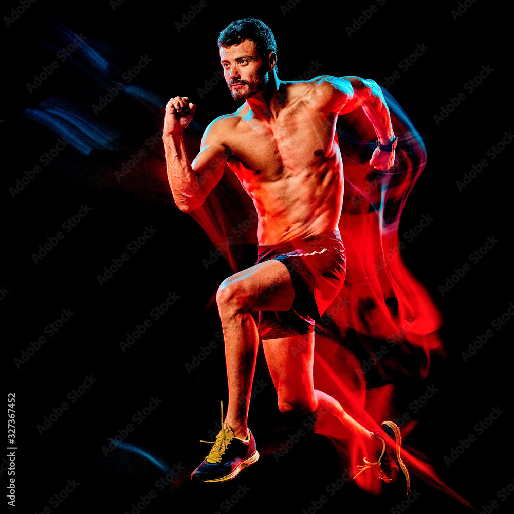 topless muscular man runner. running jogger jogging isolated black background