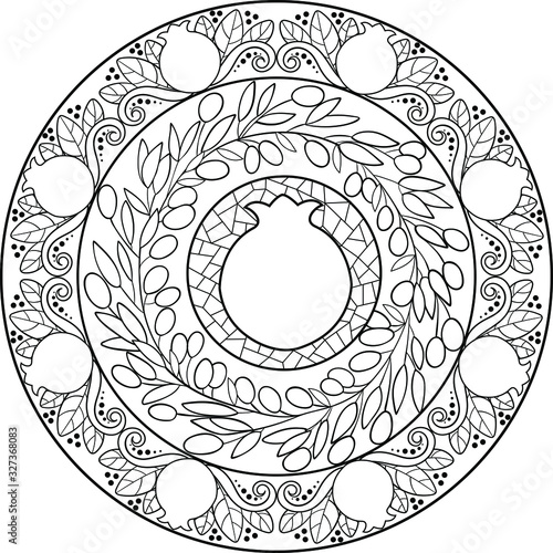 Pomegranate shape for copy space withing mosaica circle souraunded by olive branches wreath and pomegranates ornament motifs frame , black on transparent background.