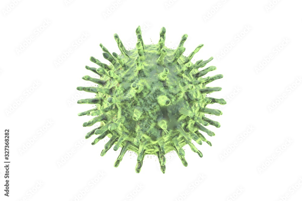 3d illustration: The green virus cell with yellow spots. Abstract model of coronavirus 2019. On white background isolated. 3d illustration: The green virus cell with yellow spots. Abstract model of coronavirus 2019. On white background isolated.
