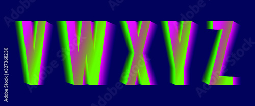 V, W, X, Y, Z green pink blurred letters. Thrilling vibrant font.