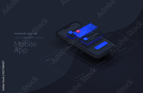 Payment system for mobile applications. Web page created from separate blocks. User experience, user interface. Layouts of the mobile application by layers. Modern vector illustration isometric style.