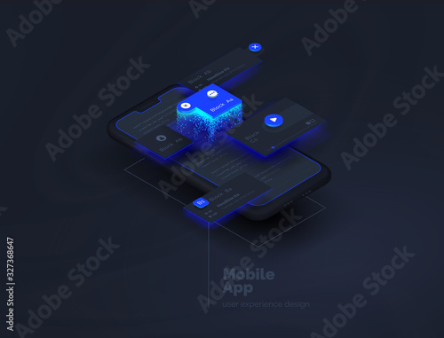 Mobile apps. Creation of a mobile application. Web page created from separate blocks. User experience, user interface. Layouts of the mobile application by layers. Modern vector illustration.