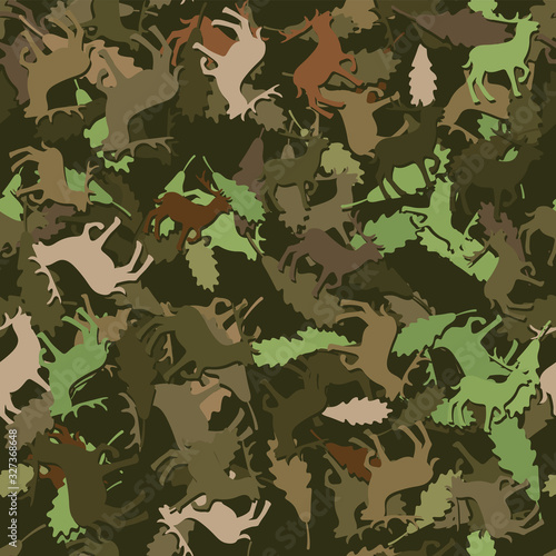 seamless pattern of deer and oak leaves on a dark green background. Vector image