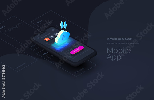 Download page for mobile applications. Web page created from separate blocks. User experience, user interface. Layouts of the mobile application by layers. Modern vector illustration isometric style.
