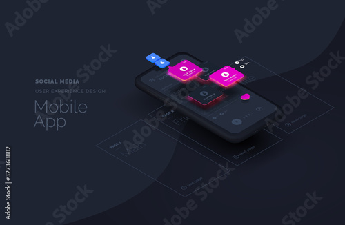 Social media for mobile applications. Web page created from separate blocks. User experience, user interface. Layouts of the mobile application by layers. Modern vector illustration isometric style.