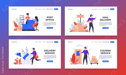 Delivery landing page. Shipping and mail service web pages, cartoon characters delivering parcels to customers. Vector web site illustration mailing send and delivered parcel for customer