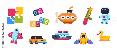 Baby toys. Cartoon kid submarine car spaceship boat and plane transport, puzzle constructor and bath duck. Vector isolated cute collection of toys for kids on white background