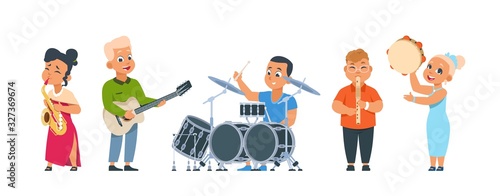 Cartoon child band. Cute kid orchestra with happy children playing musical instruments on party or in class. Vector illustration smiling kids group performing music