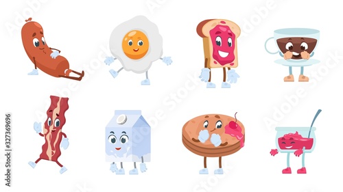 Breakfast characters. Breakfast food with cute kawaii faces, toast eggs jam milk coffee and bakery pastries. Vector illustration objects funny morning smiling food for comic illustrated