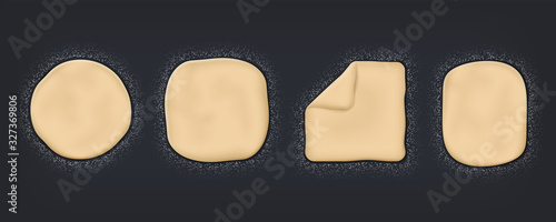 Realistic dough. Wheat flour and baking mass on table, top view of 3d dough for cooking. Vector bread or pizza baking poster for restaurant menu design on black background
