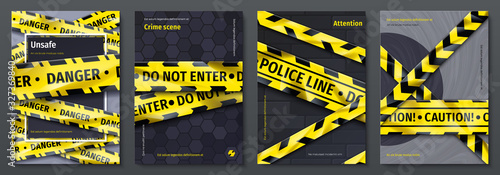 Caution tape posters. Set of banners with yellow danger tape and warning signs for party flyers. Vector placards with safety ribbons design template, fashion style retro danger alert zone