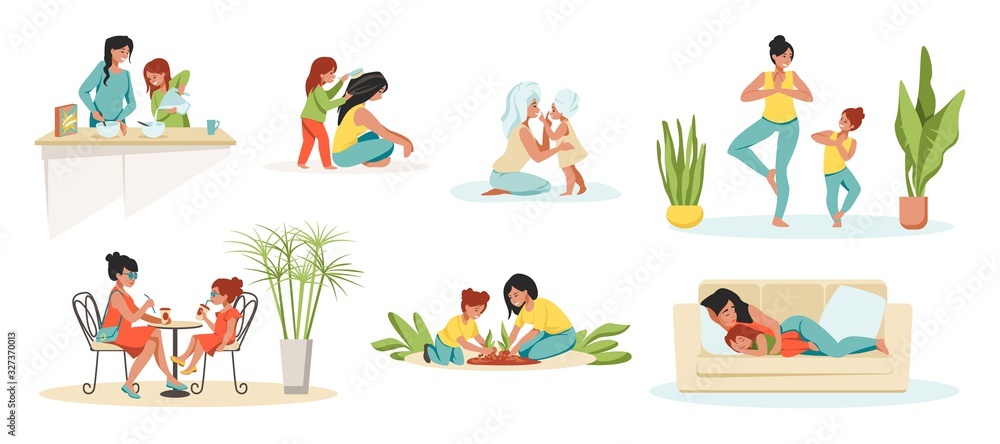 Mother and daughter. Parent and child cartoon characters, mom and kid  spending time together. Vector illustrations family activity set, mom and  girl playing, cook in kitchen Stock Vector | Adobe Stock