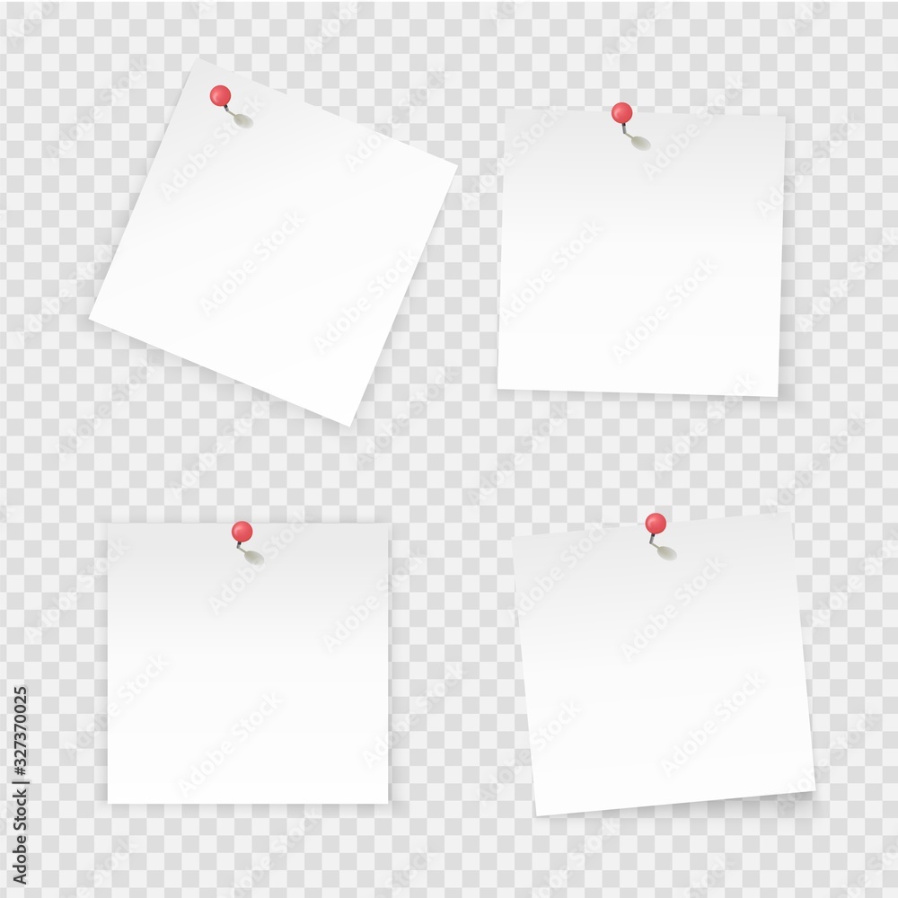 Sticky notes. Paper stick notes isolated on transparent background. Empty notebook page pinned red pushbutton. Vector paper labels with empty space for working board Sticky notes. Paper stick notes isolated on transparent background. Empty notebook page pinned red pushbutton. Vector paper labels with empty space for working board