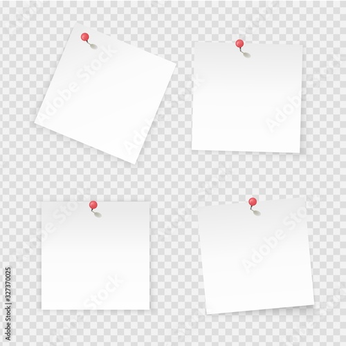 Sticky notes. Paper stick notes isolated on transparent background. Empty notebook page pinned red pushbutton. Vector paper labels with empty space for working board