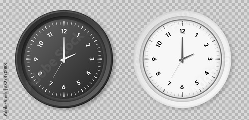 Realistic clock. Round white and black metal or plastic office clocks. Vector retro quartz watch on wall for business office isolated on transparent background