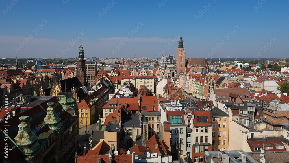 Medieval old city of Wrocław Poland view on the church, roofs and town panorama
